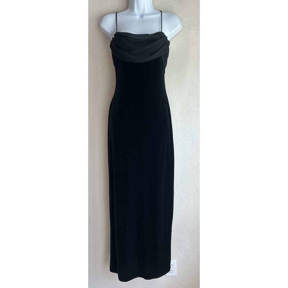 Vintage 90s Y2K Black Velvet Maxi Slip Dress 8 Draped Cowl Formal Goth Fairy Bow